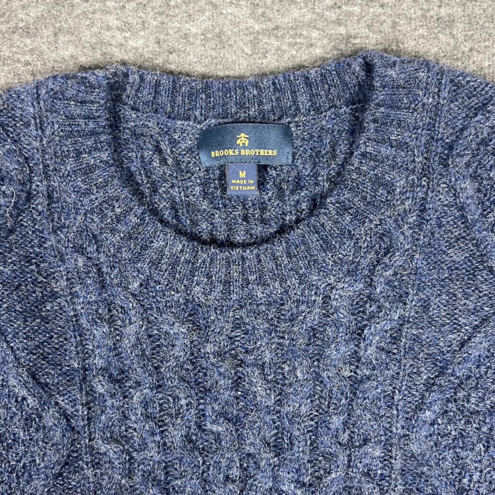 Brooks Brothers Cable Knit Sweater Mens Medium Blue Wool Blend Crewneck Pullover - Picture 2 of 8